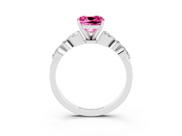 Platinum Cushion Cut Pink Sapphire Solitaire Ring with Side Stones and Four-Prong Setting