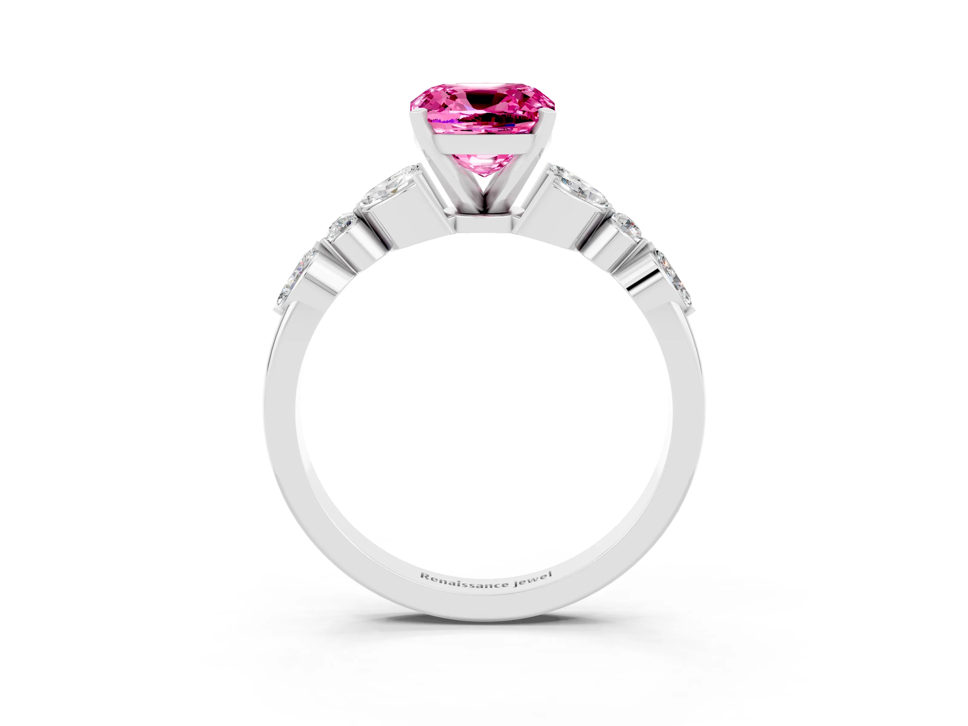 White gold Cushion Cut Pink Sapphire Solitaire Ring with Side Stones and Four-Prong Setting_15