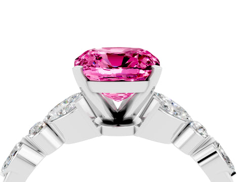 White gold Cushion Cut Pink Sapphire Solitaire Ring with Side Stones and Four-Prong Setting_16