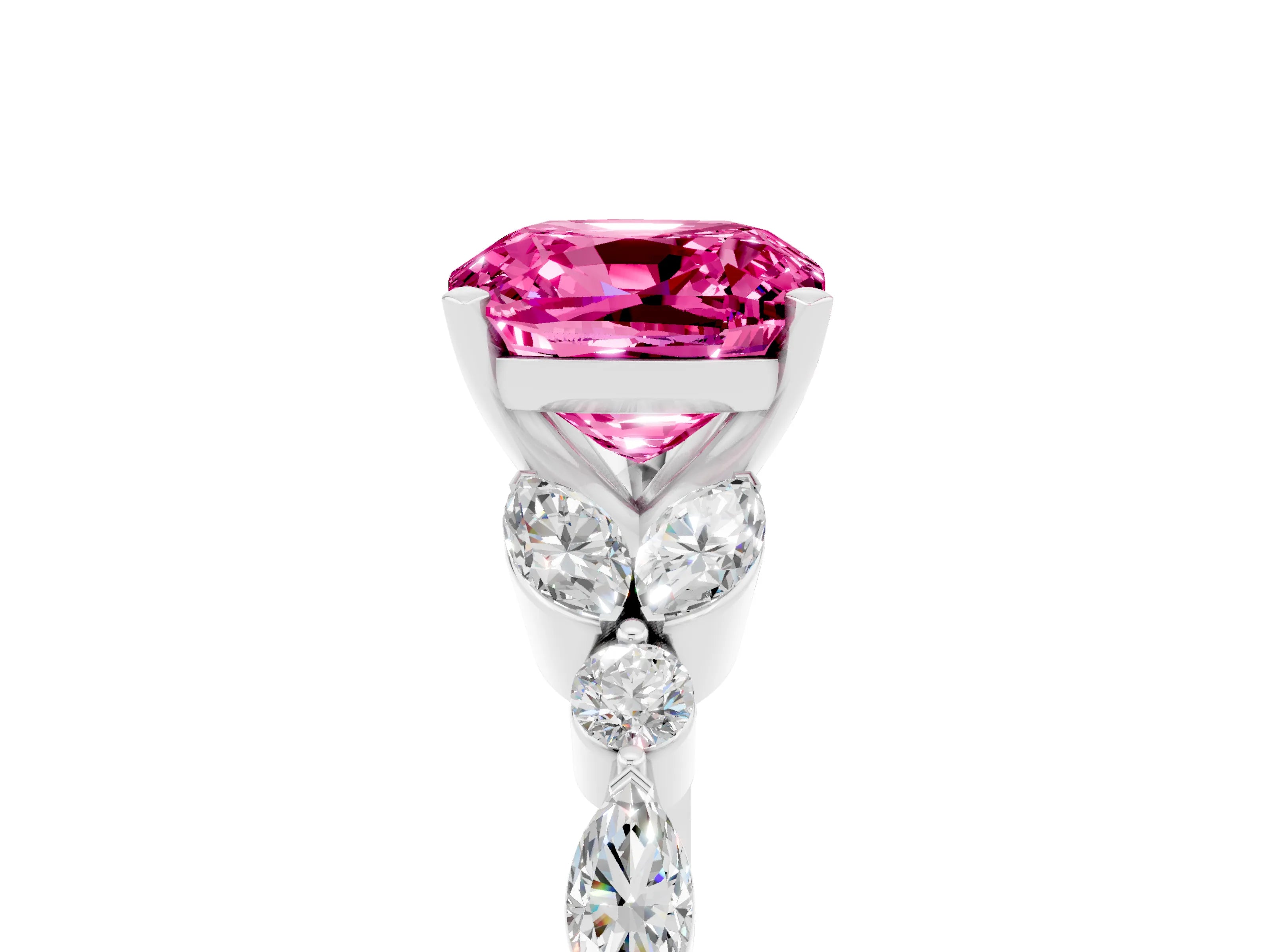 White gold Cushion Cut Pink Sapphire Solitaire Ring with Side Stones and Four-Prong Setting_17
