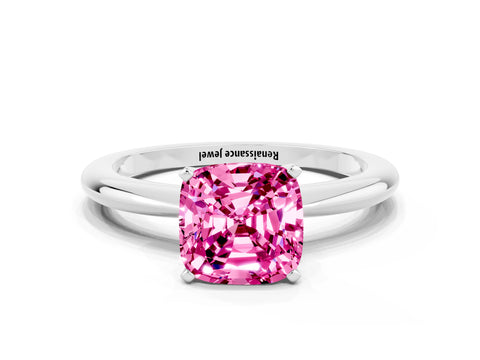White gold Cushion Cut Pink Sapphire Solitaire Ring with Six-Prong Setting and Classic Band_12