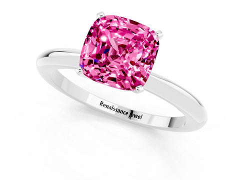 White gold Cushion Cut Pink Sapphire Solitaire Ring with Six-Prong Setting and Classic Band_13