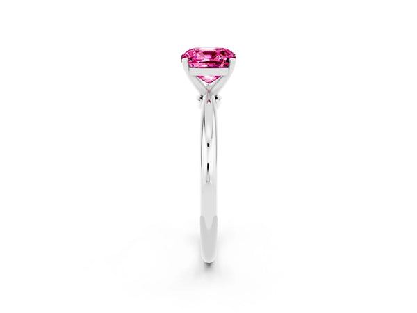 Platinum Cushion Cut Pink Sapphire Solitaire Ring with Six-Prong Setting and Classic Band