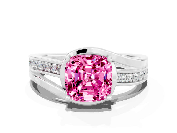 Platinum Cushion Cut Pink Sapphire Solitaire Ring with Split Shank and Prong Setting