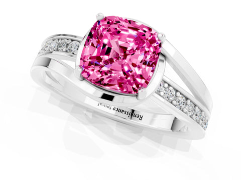 White gold Cushion Cut Pink Sapphire Solitaire Ring with Split Shank and Prong Setting_1