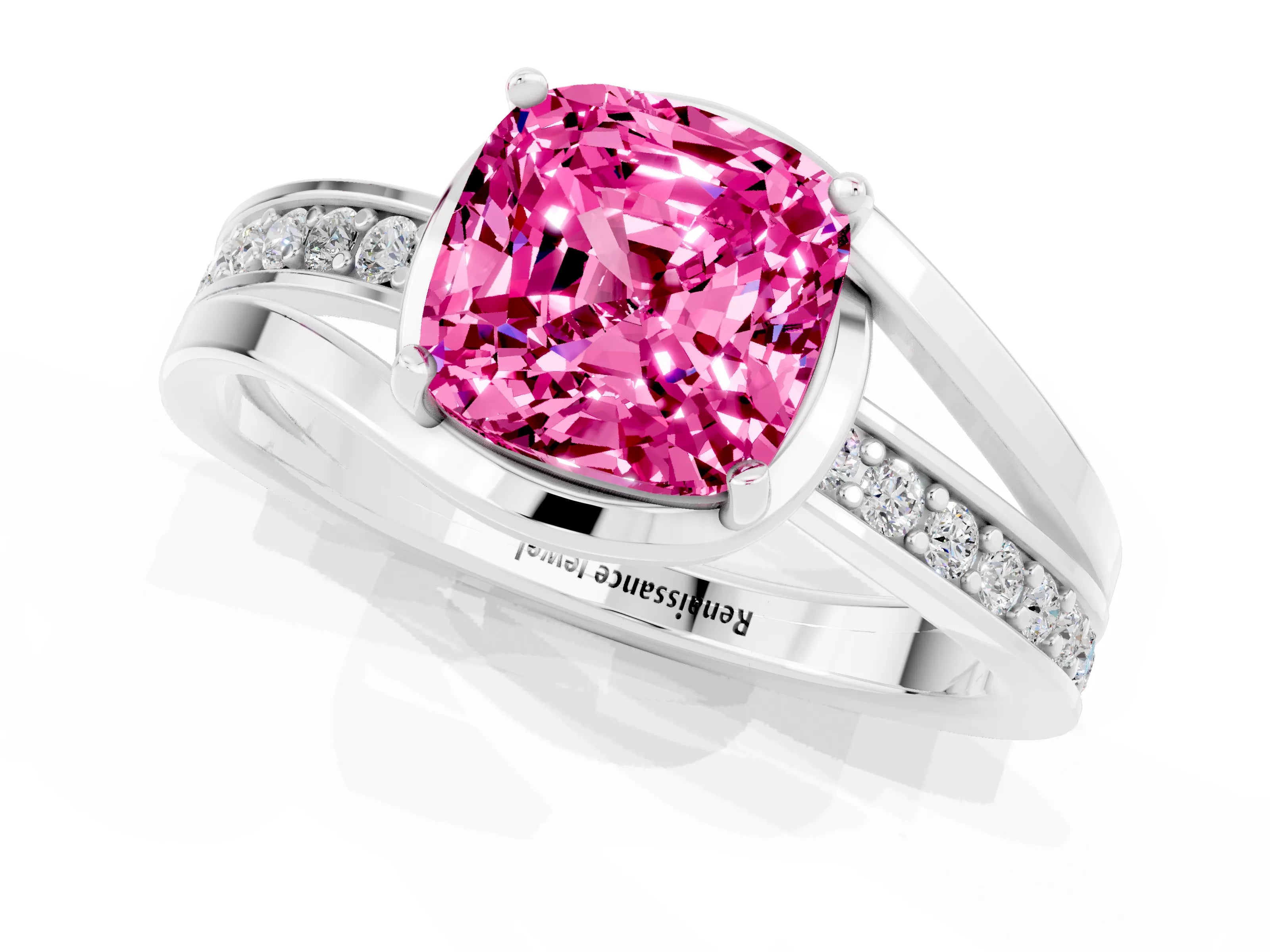 White gold Cushion Cut Pink Sapphire Solitaire Ring with Split Shank and Prong Setting_1