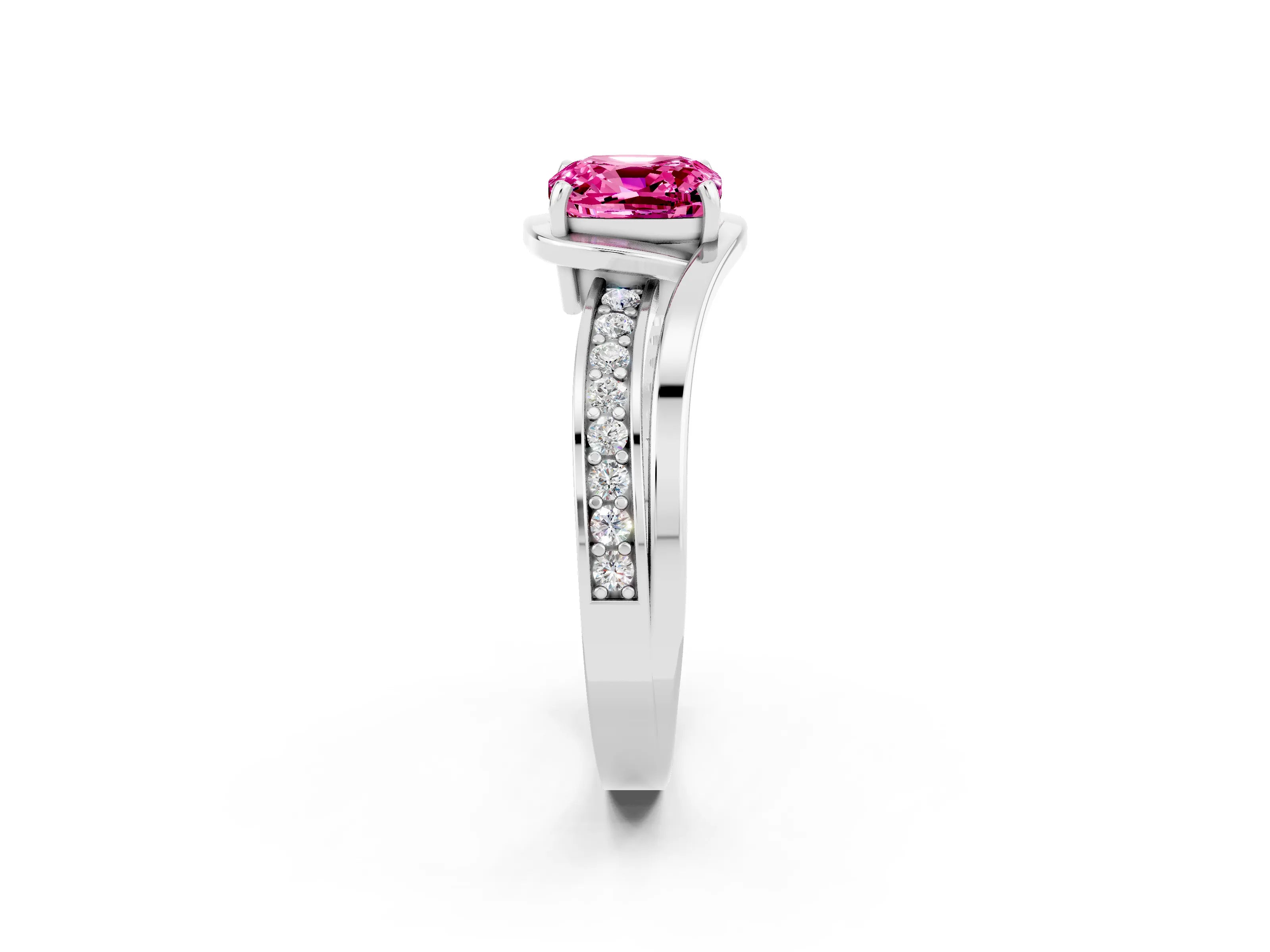 White gold Cushion Cut Pink Sapphire Solitaire Ring with Split Shank and Prong Setting_2