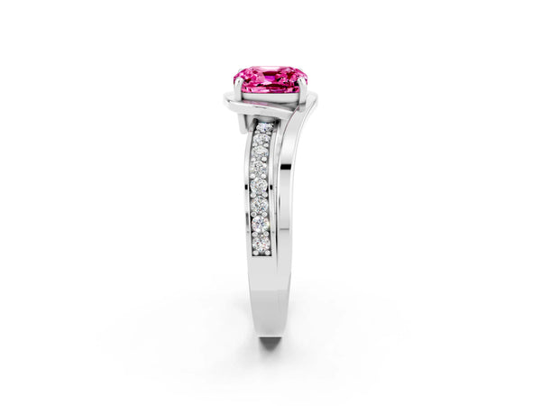 Platinum Cushion Cut Pink Sapphire Solitaire Ring with Split Shank and Prong Setting