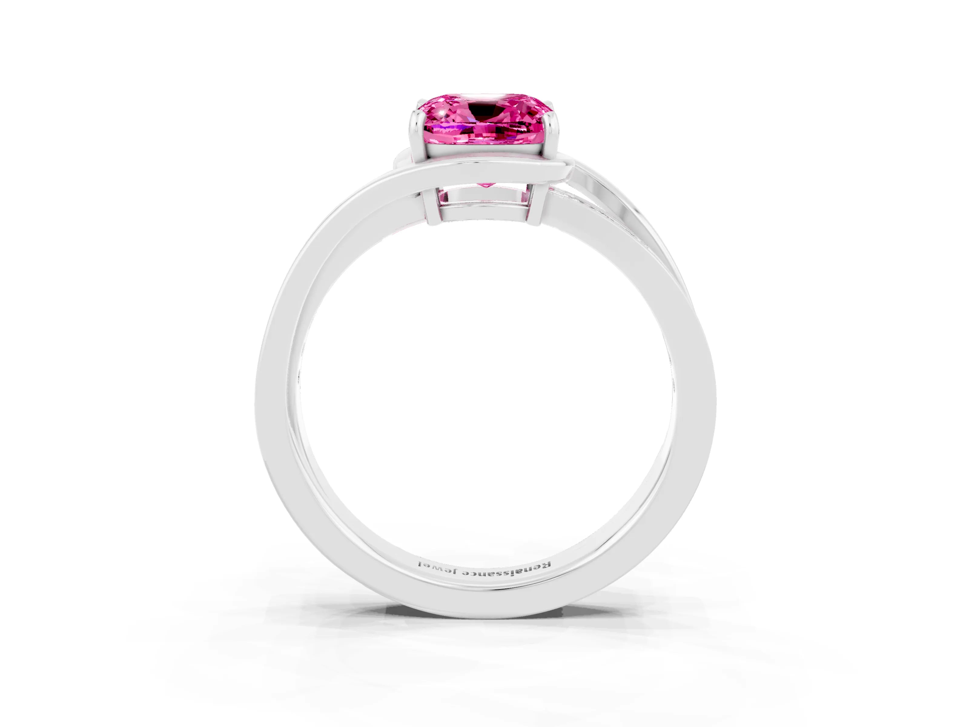 White gold Cushion Cut Pink Sapphire Solitaire Ring with Split Shank and Prong Setting_3