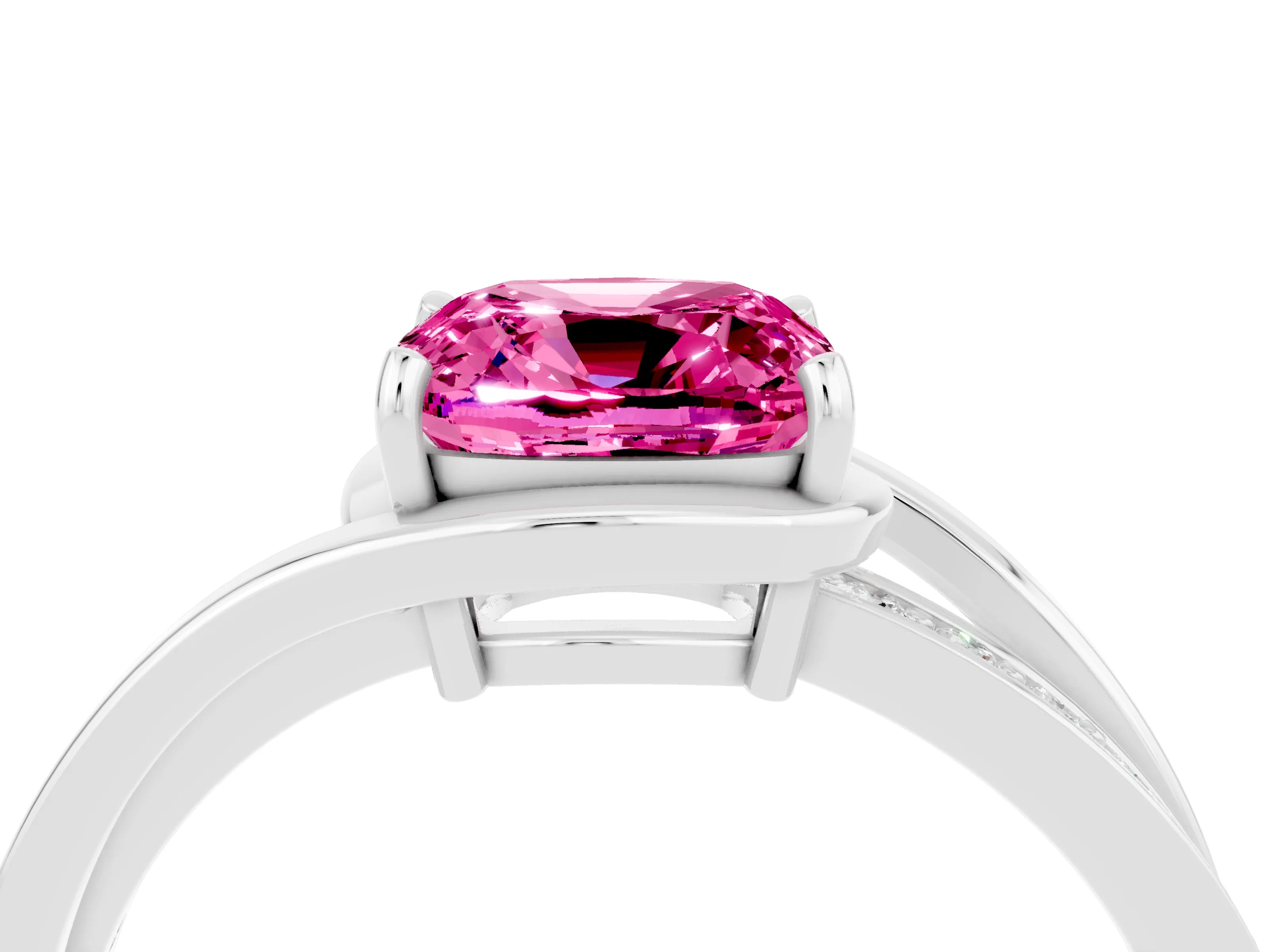 White gold Cushion Cut Pink Sapphire Solitaire Ring with Split Shank and Prong Setting_4