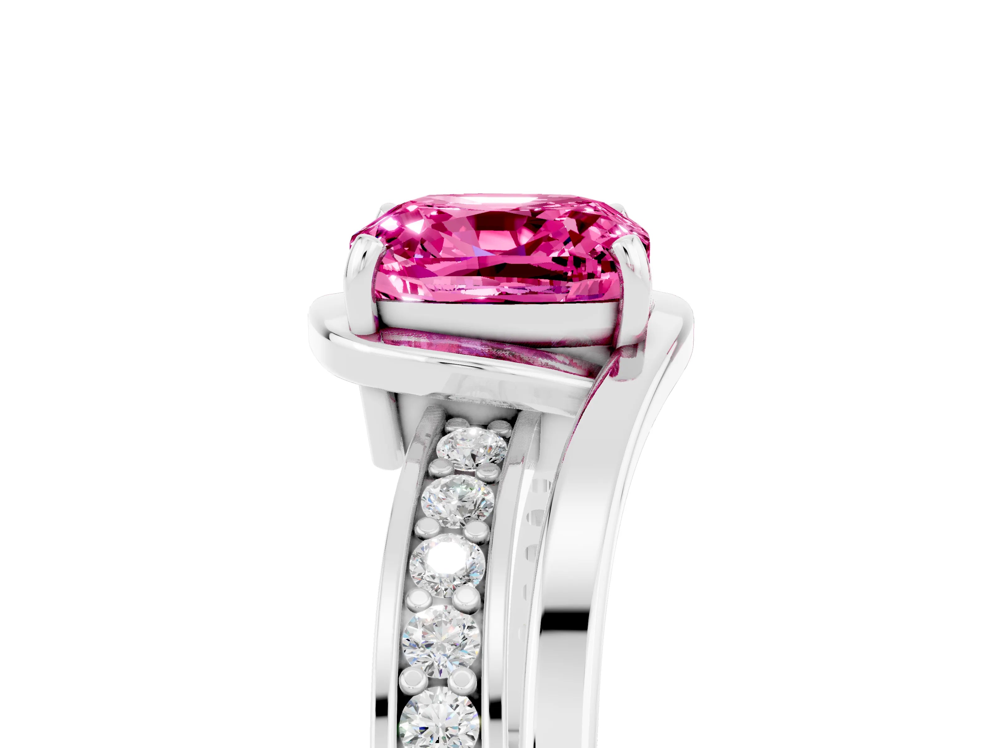 White gold Cushion Cut Pink Sapphire Solitaire Ring with Split Shank and Prong Setting_5