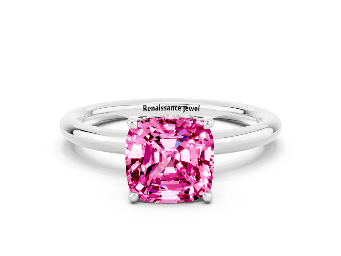 White gold Cushion Cut Pink Sapphire Solitaire Ring with Thin Band and Four-Prong Setting_24