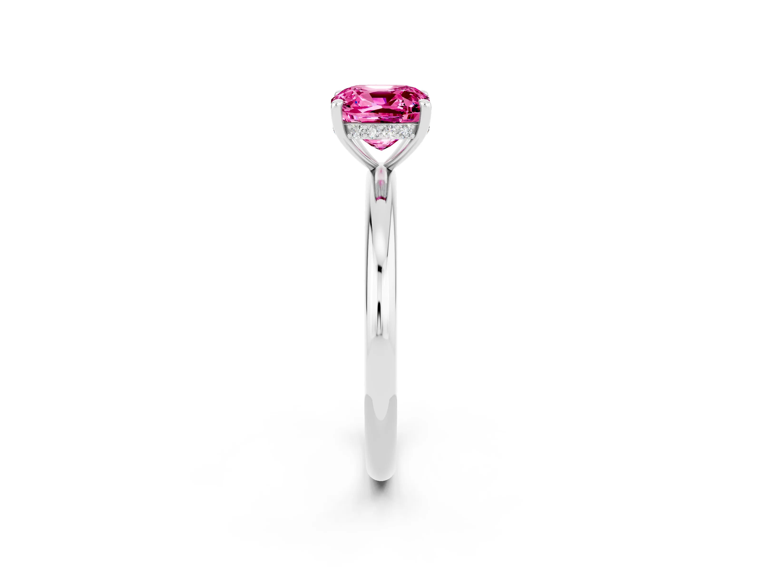 White gold Cushion Cut Pink Sapphire Solitaire Ring with Thin Band and Four-Prong Setting_26
