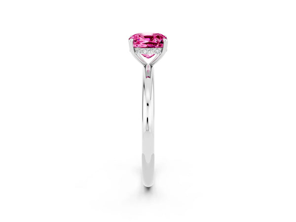 Platinum Cushion Cut Pink Sapphire Solitaire Ring with Thin Band and Four-Prong Setting