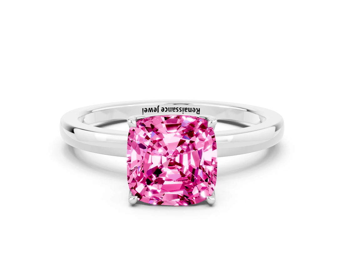 White gold Cushion Cut Pink Sapphire Solitaire Ring with Thin Band and Prong Setting_12