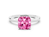 White gold Cushion Cut Pink Sapphire Solitaire Ring with Thin Band and Prong Setting_12