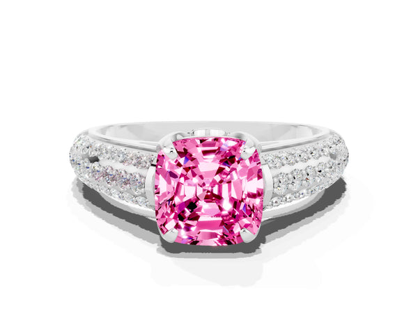 White gold Cushion Cut Pink Sapphire Solitaire Ring with Three-Row Pavé Band and Four-Prong Setting