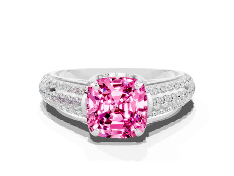 White gold Cushion Cut Pink Sapphire Solitaire Ring with Three-Row Pavé Band and Four-Prong Setting_12
