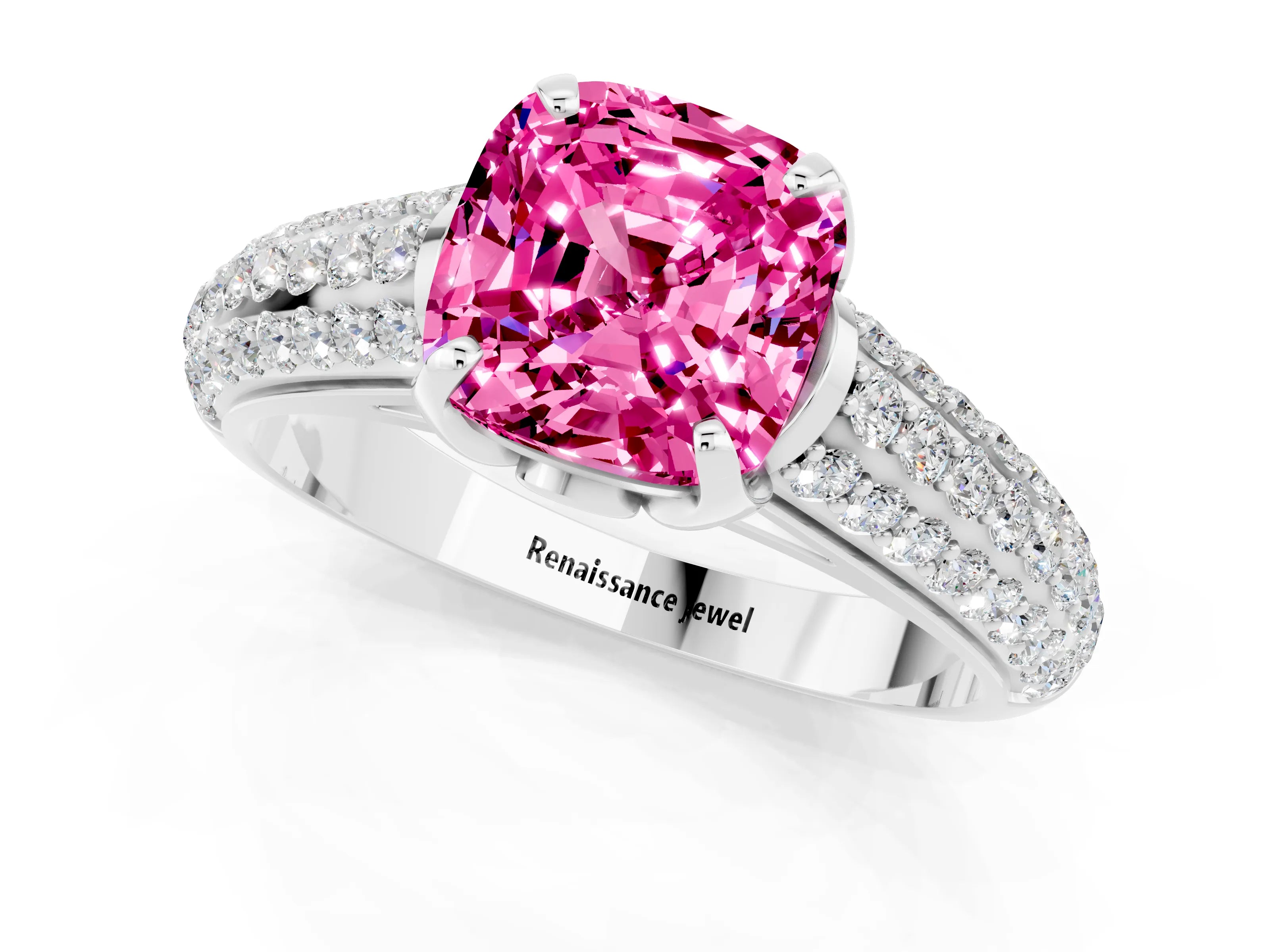 White gold Cushion Cut Pink Sapphire Solitaire Ring with Three-Row Pavé Band and Four-Prong Setting_13