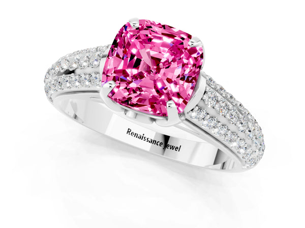 White gold Cushion Cut Pink Sapphire Solitaire Ring with Three-Row Pavé Band and Four-Prong Setting
