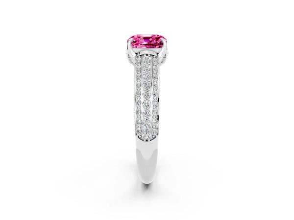 Platinum Cushion Cut Pink Sapphire Solitaire Ring with Three-Row Pavé Band and Four-Prong Setting