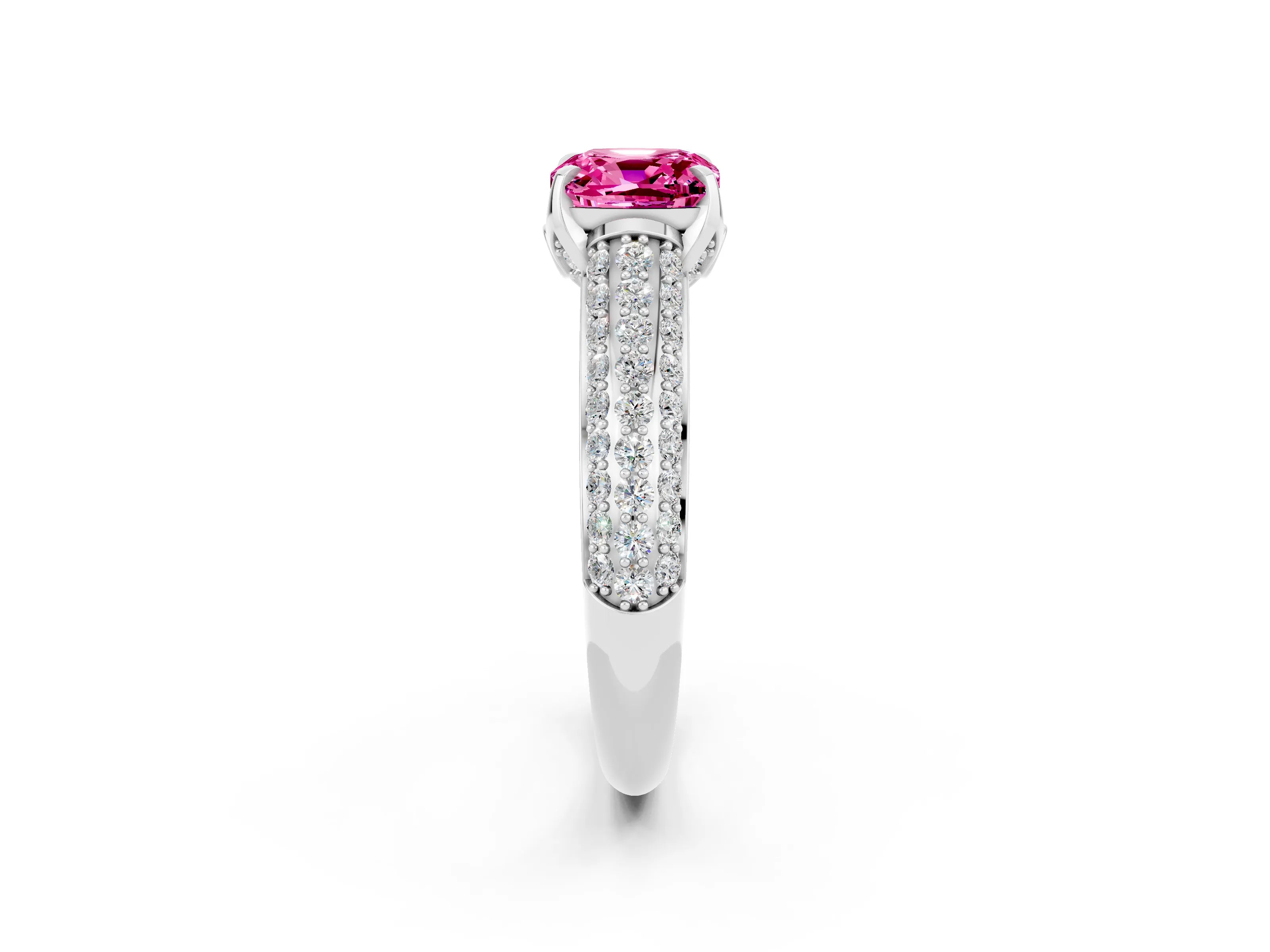 White gold Cushion Cut Pink Sapphire Solitaire Ring with Three-Row Pavé Band and Four-Prong Setting_14