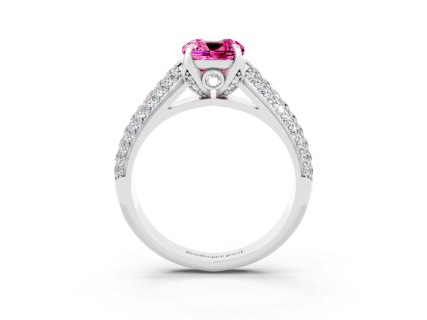 Platinum Cushion Cut Pink Sapphire Solitaire Ring with Three-Row Pavé Band and Four-Prong Setting
