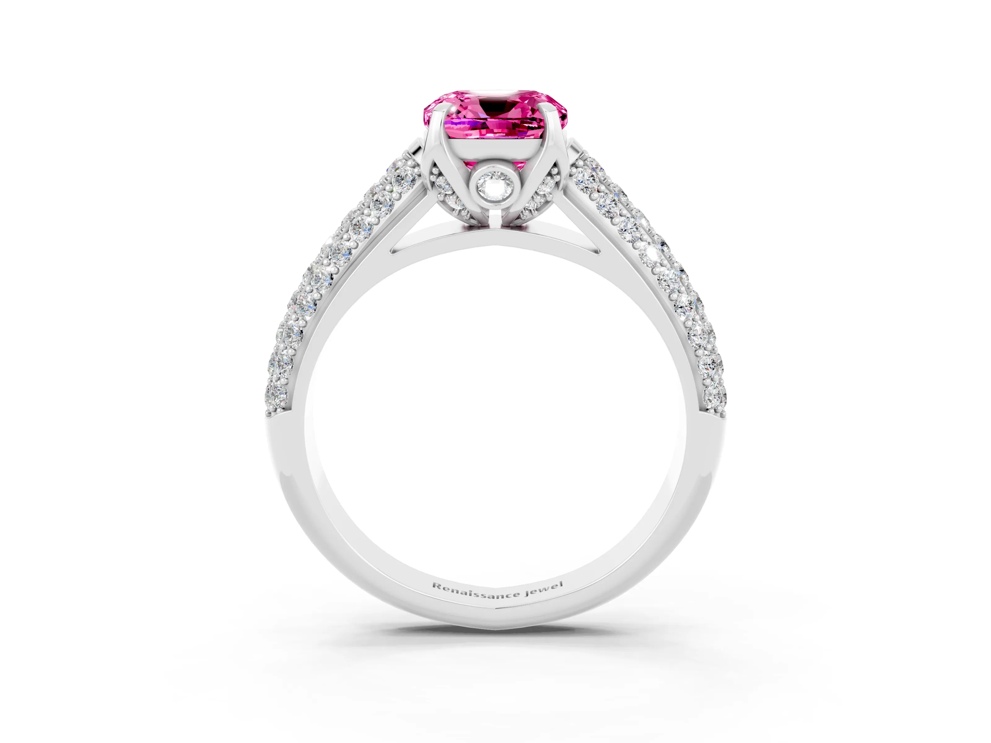 White gold Cushion Cut Pink Sapphire Solitaire Ring with Three-Row Pavé Band and Four-Prong Setting_15