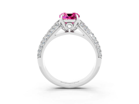 White gold Cushion Cut Pink Sapphire Solitaire Ring with Three-Row Pavé Band and Four-Prong Setting_15