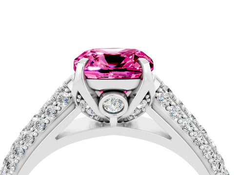 White gold Cushion Cut Pink Sapphire Solitaire Ring with Three-Row Pavé Band and Four-Prong Setting_16