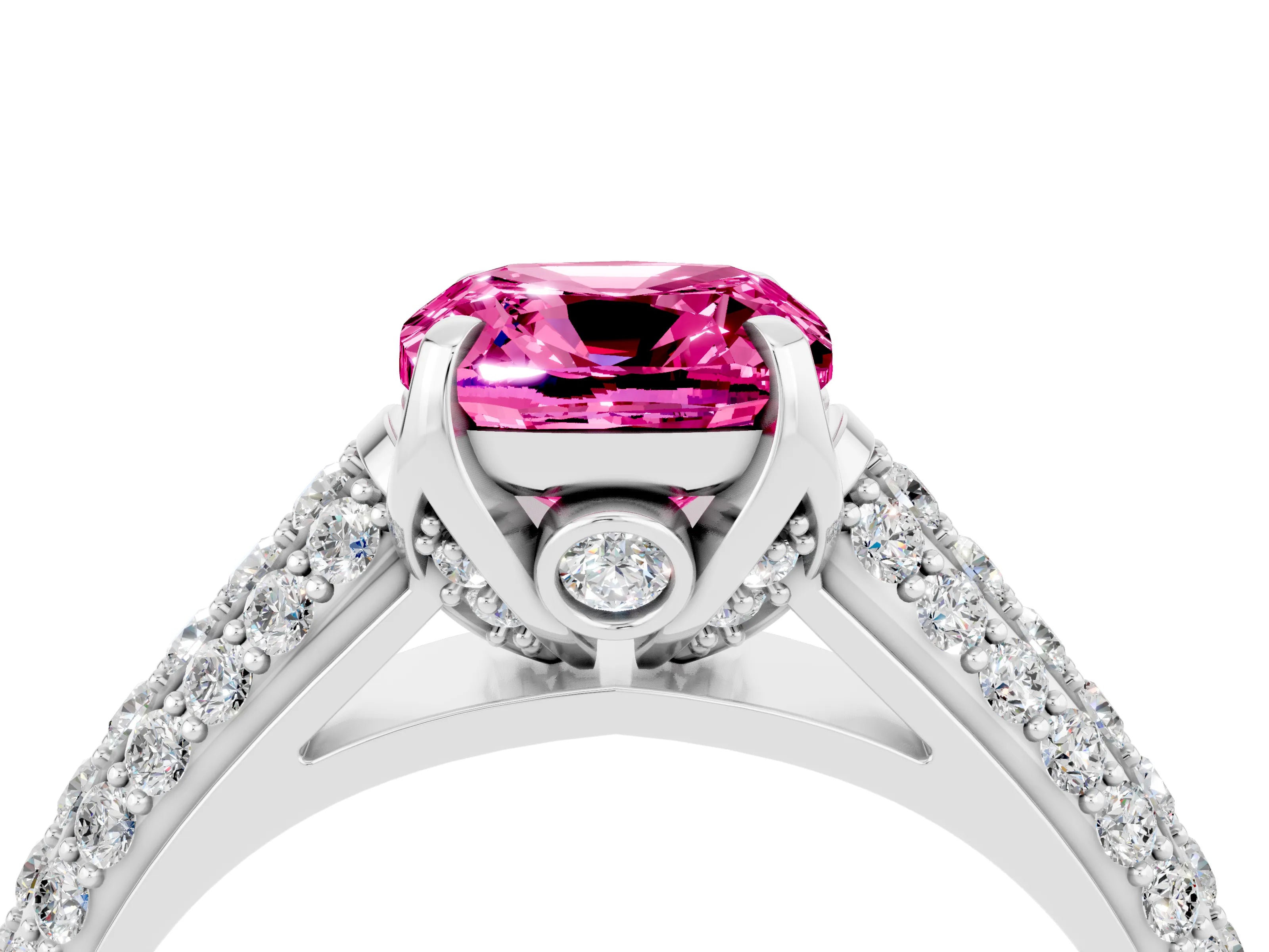 White gold Cushion Cut Pink Sapphire Solitaire Ring with Three-Row Pavé Band and Four-Prong Setting_16