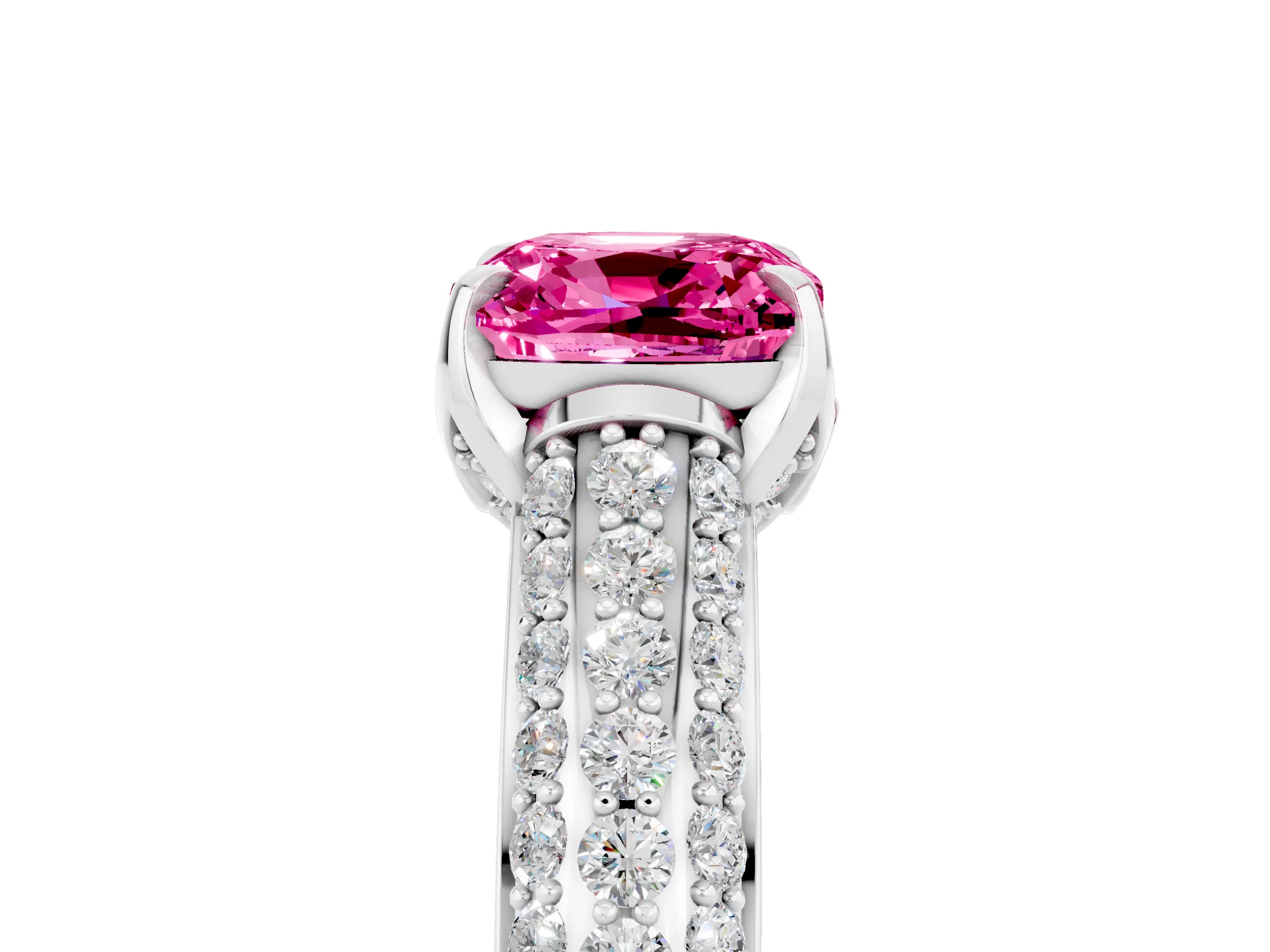 White gold Cushion Cut Pink Sapphire Solitaire Ring with Three-Row Pavé Band and Four-Prong Setting_17