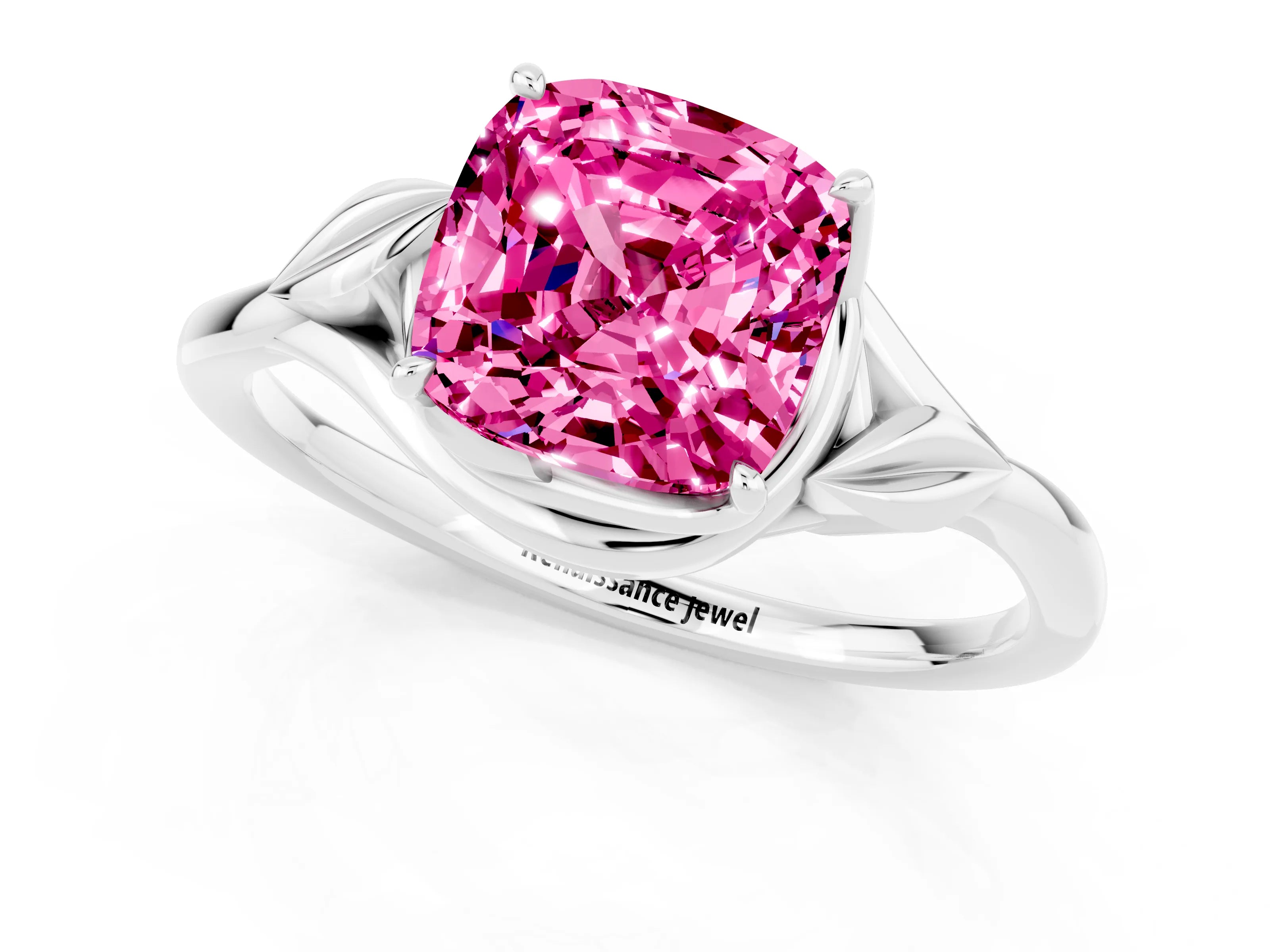 White gold Cushion Cut Pink Sapphire Solitaire Ring with Twist Band and Four-Prong Setting_13
