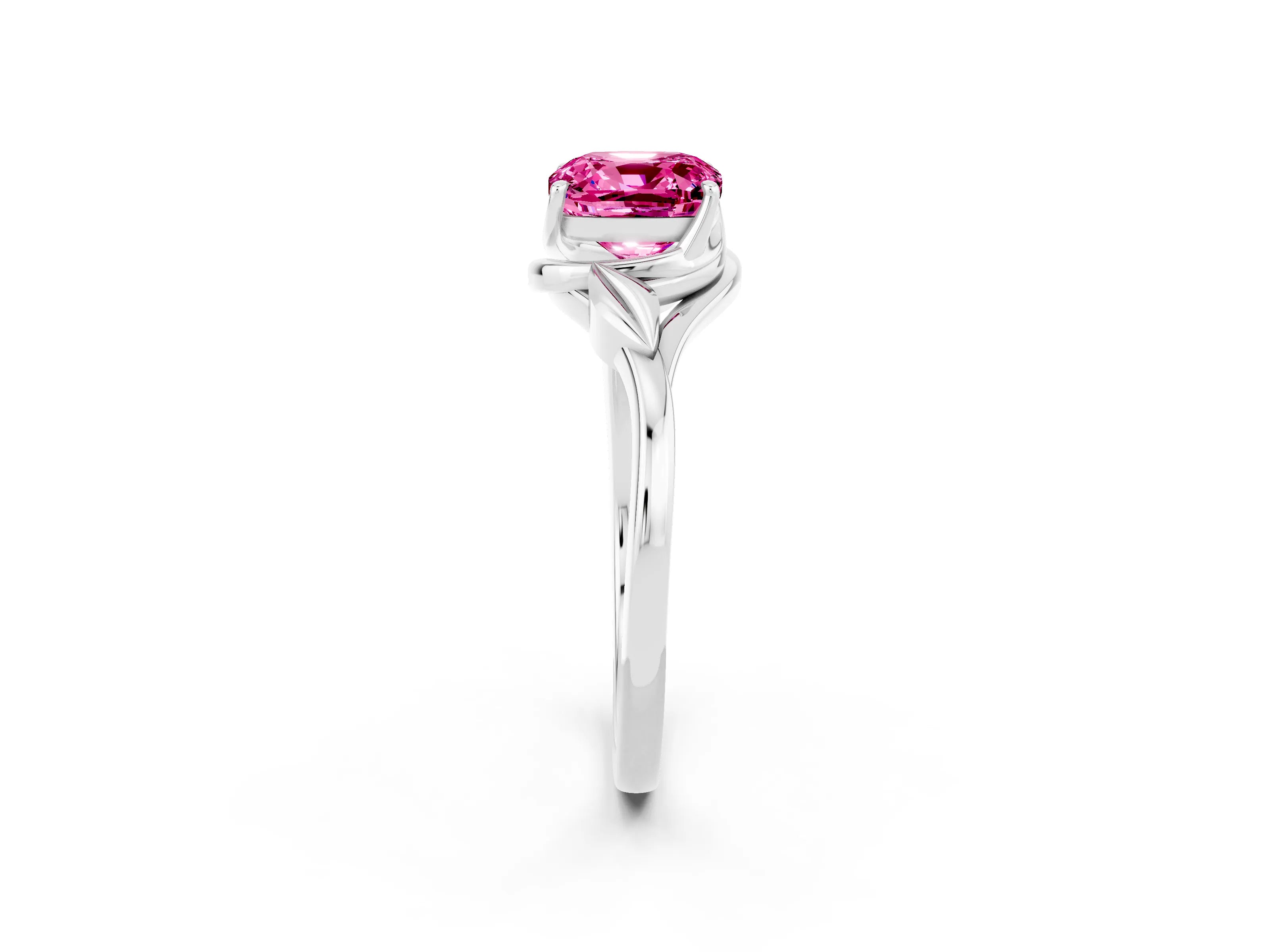 White gold Cushion Cut Pink Sapphire Solitaire Ring with Twist Band and Four-Prong Setting_14