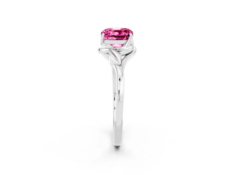 White gold Cushion Cut Pink Sapphire Solitaire Ring with Twist Band and Four-Prong Setting_14