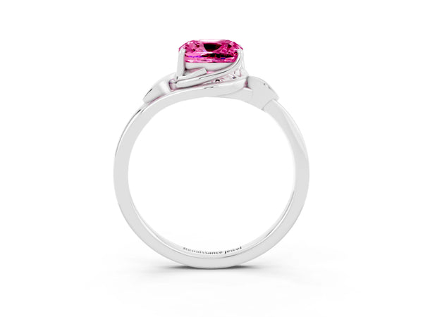 Platinum Cushion Cut Pink Sapphire Solitaire Ring with Twist Band and Four-Prong Setting