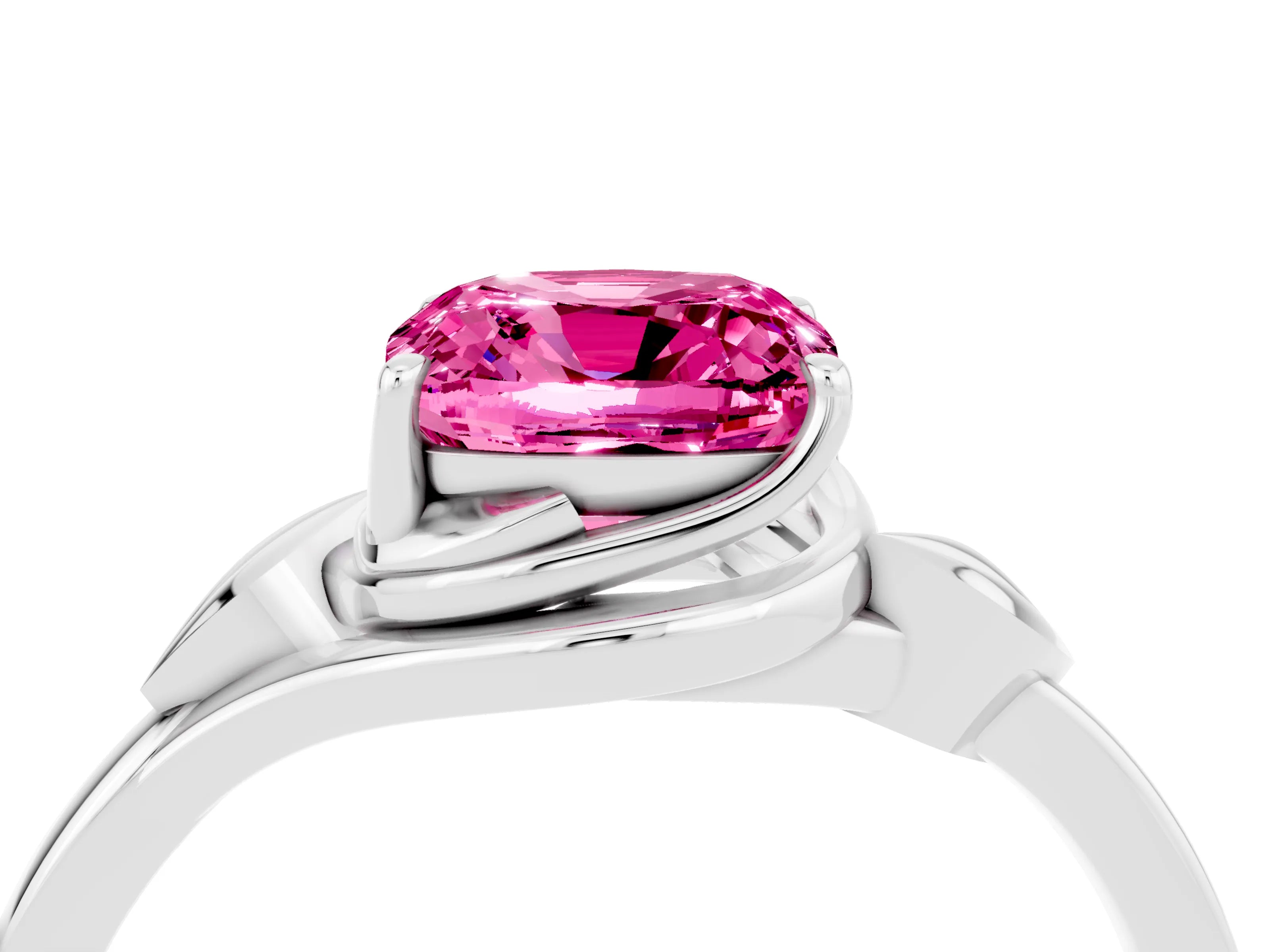 White gold Cushion Cut Pink Sapphire Solitaire Ring with Twist Band and Four-Prong Setting_16