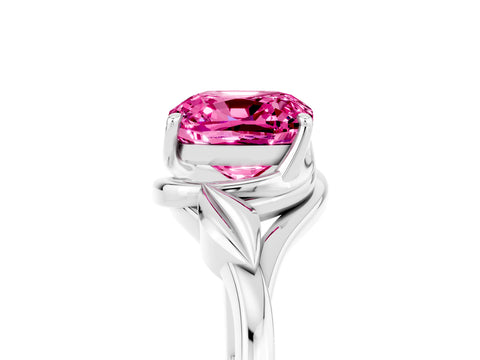 White gold Cushion Cut Pink Sapphire Solitaire Ring with Twist Band and Four-Prong Setting_17