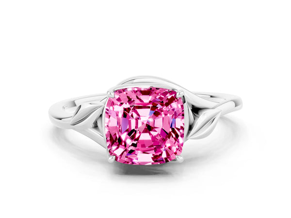 White gold Cushion Cut Pink Sapphire Solitaire Ring with Twist Band and Four-Prong Setting