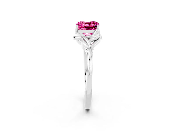 White gold Cushion Cut Pink Sapphire Solitaire Ring with Twist Band and Four-Prong Setting