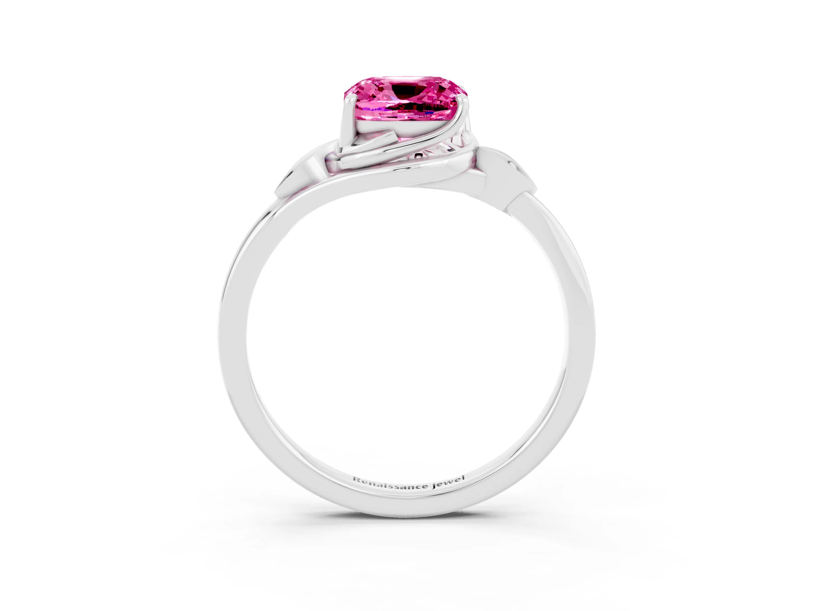 White gold Cushion Cut Pink Sapphire Solitaire Ring with Twist Band and Four-Prong Setting_39