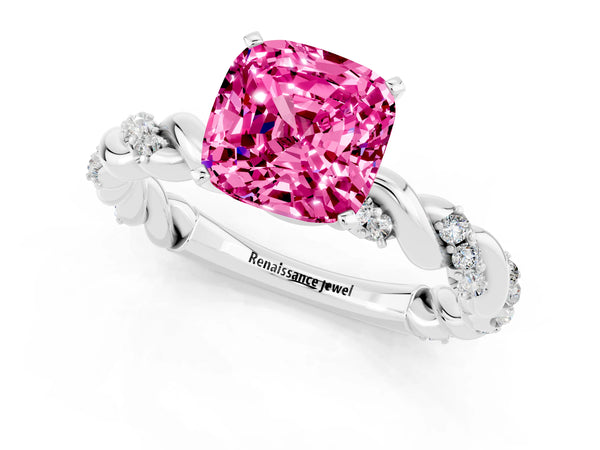 White gold Cushion Cut Pink Sapphire Solitaire Ring with Twisted Band and Pavé Accents