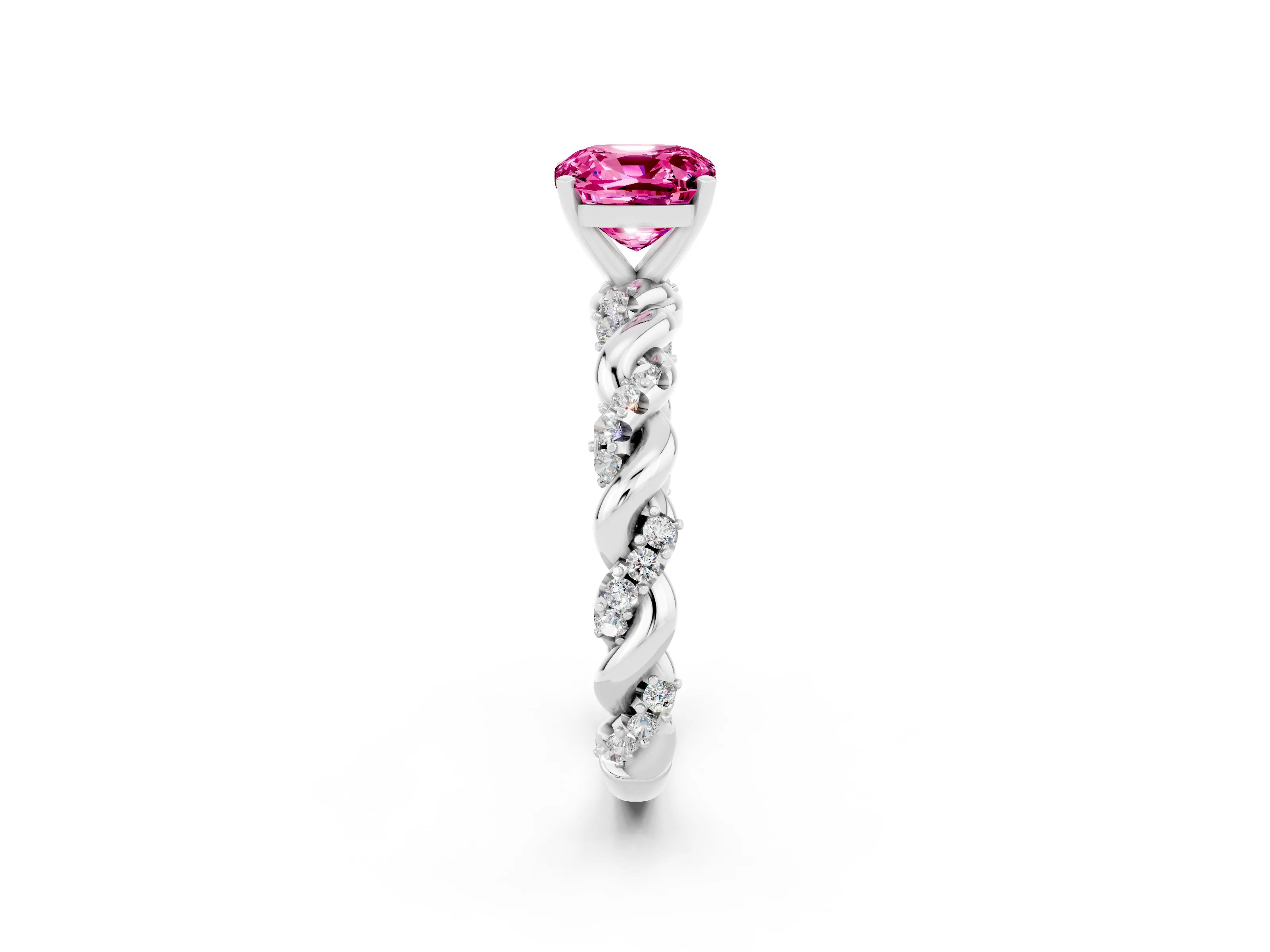 White gold Cushion Cut Pink Sapphire Solitaire Ring with Twisted Band and Pavé Accents_2
