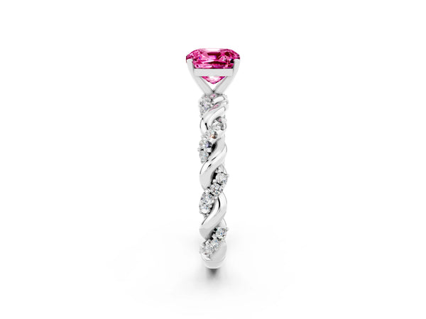 White gold Cushion Cut Pink Sapphire Solitaire Ring with Twisted Band and Pavé Accents
