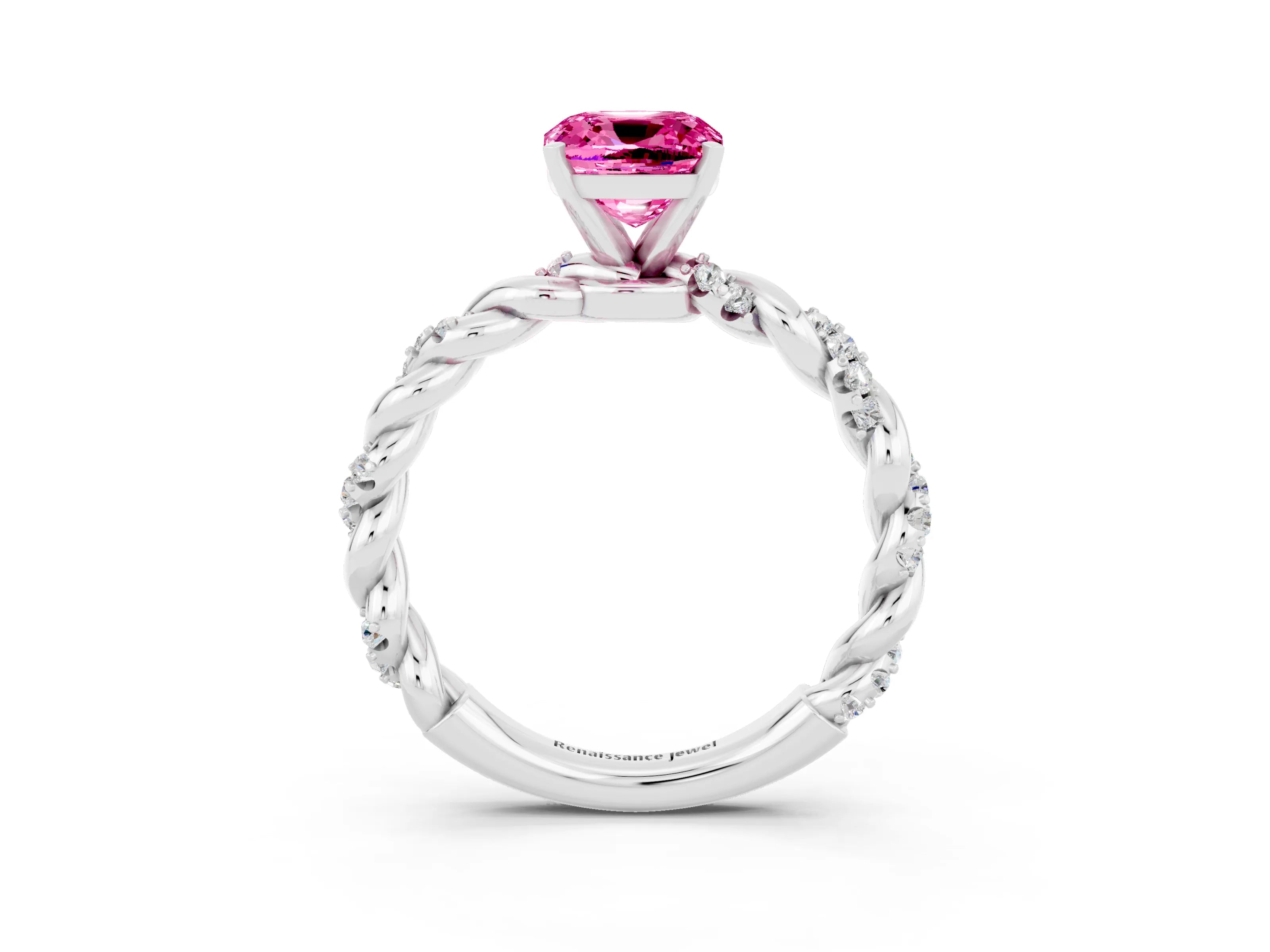 White gold Cushion Cut Pink Sapphire Solitaire Ring with Twisted Band and Pavé Accents_3