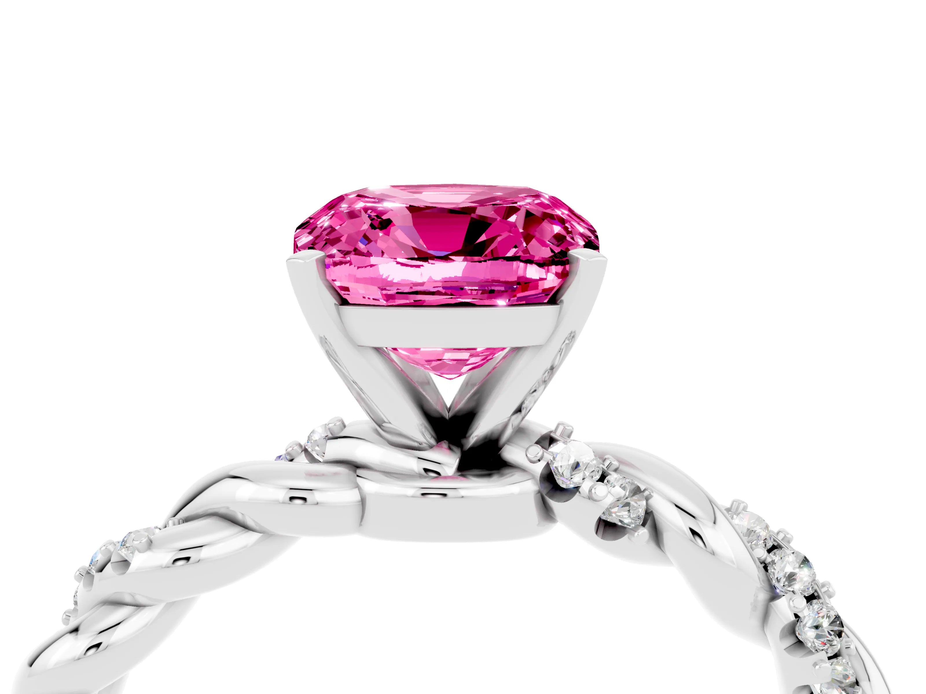 White gold Cushion Cut Pink Sapphire Solitaire Ring with Twisted Band and Pavé Accents_4