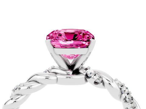 White gold Cushion Cut Pink Sapphire Solitaire Ring with Twisted Band and Pavé Accents_4
