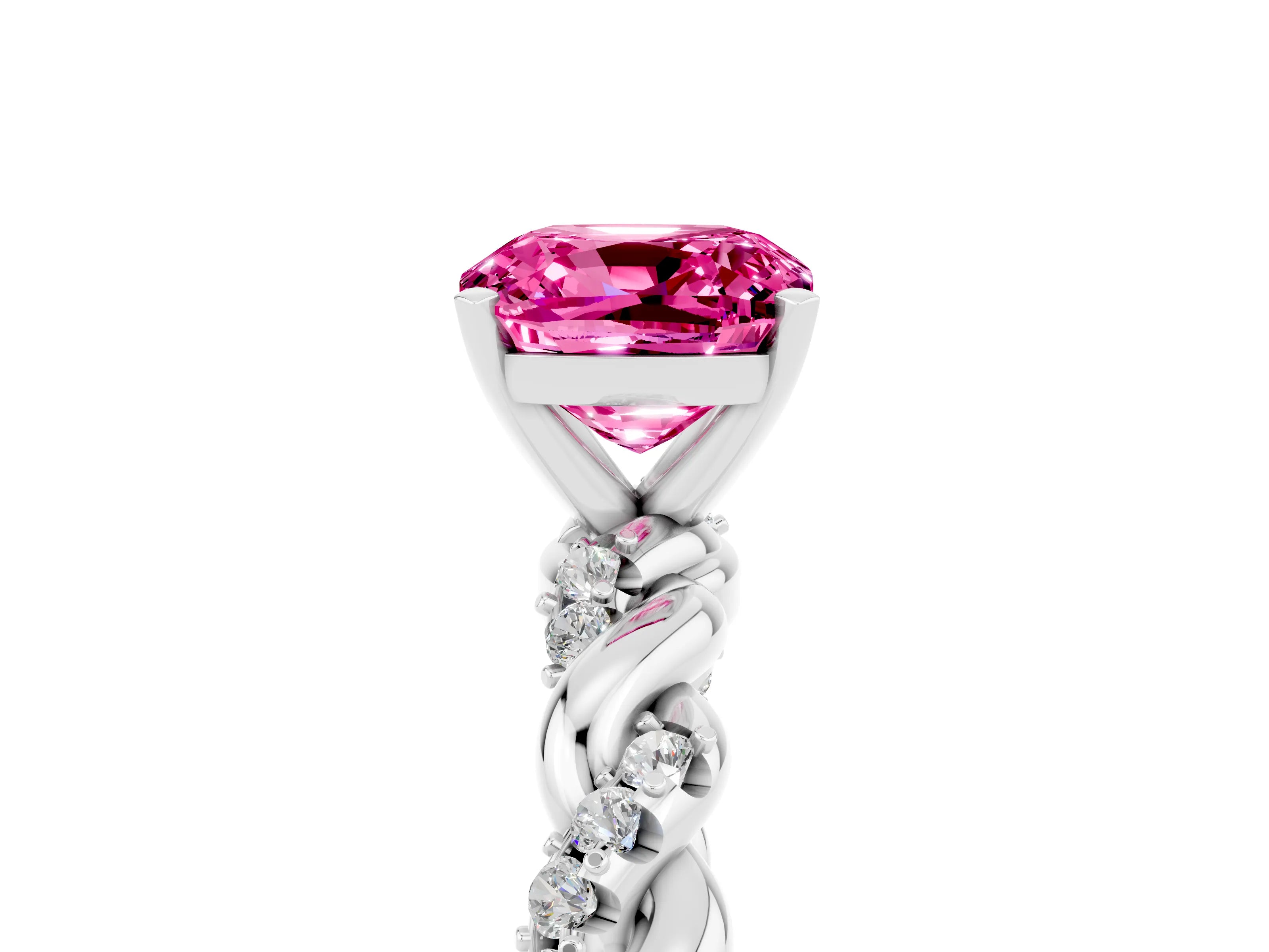 White gold Cushion Cut Pink Sapphire Solitaire Ring with Twisted Band and Pavé Accents_5