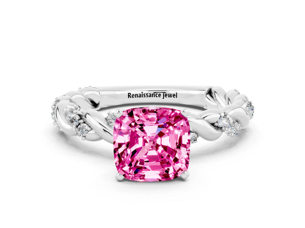 White gold Cushion Cut Pink Sapphire Solitaire Ring with Twisted Band and Pavé Accents