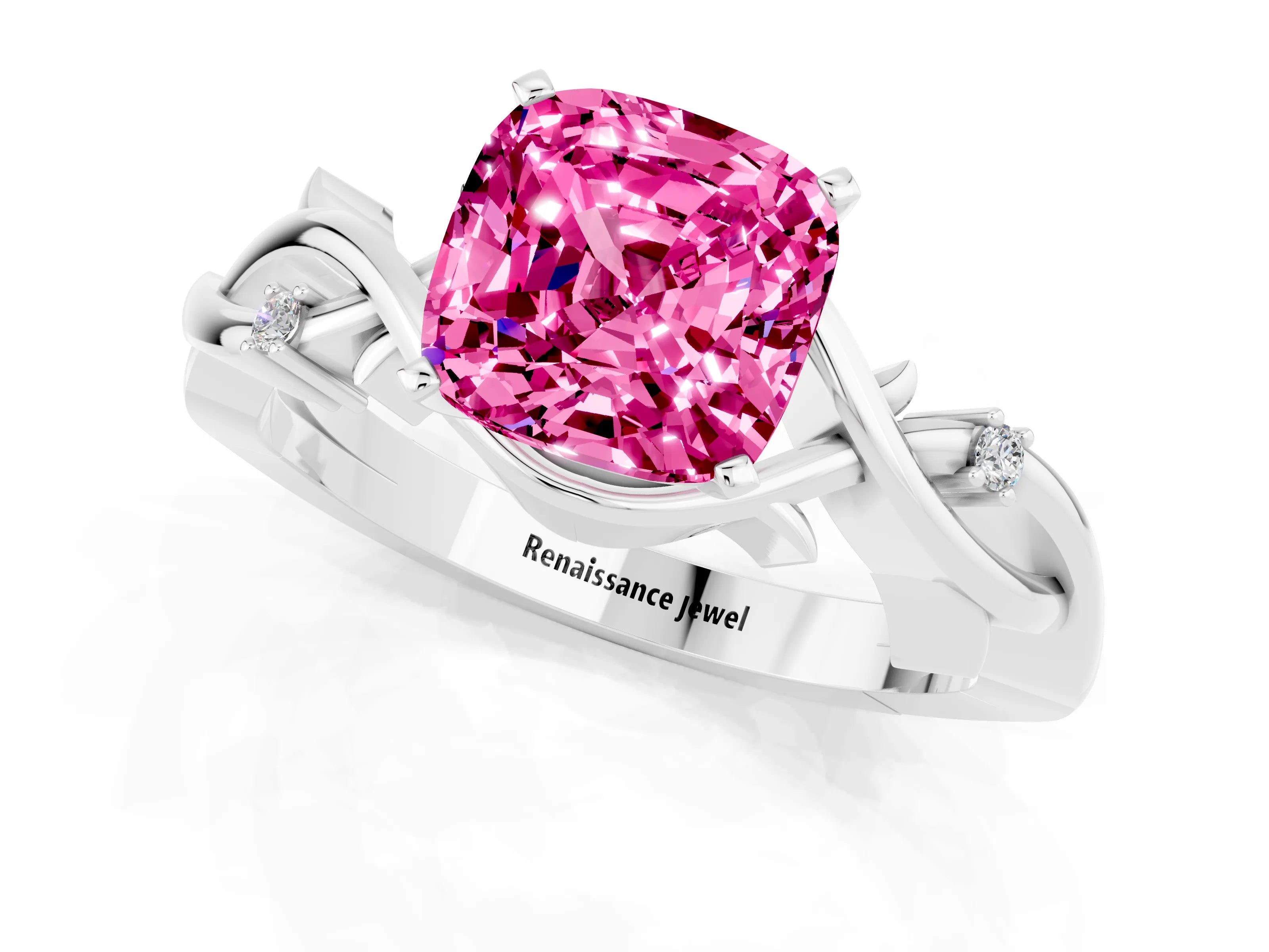 White gold Cushion Cut Pink Sapphire Solitaire Ring with Twisted Band and Prong Setting_1